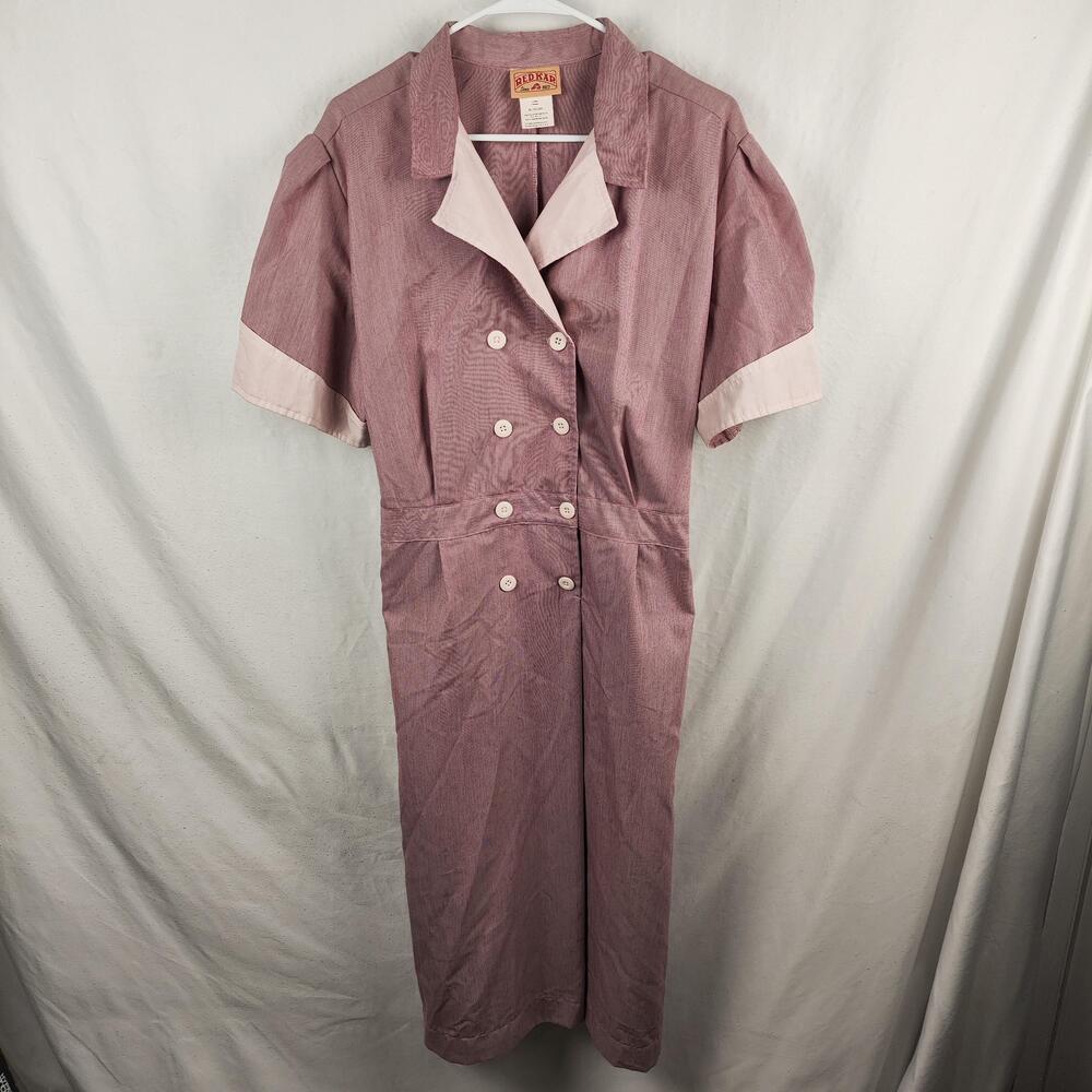 Red Kap Shirt Dress Womens XL Pink Stripe Button Front Belted Workwear Uniform